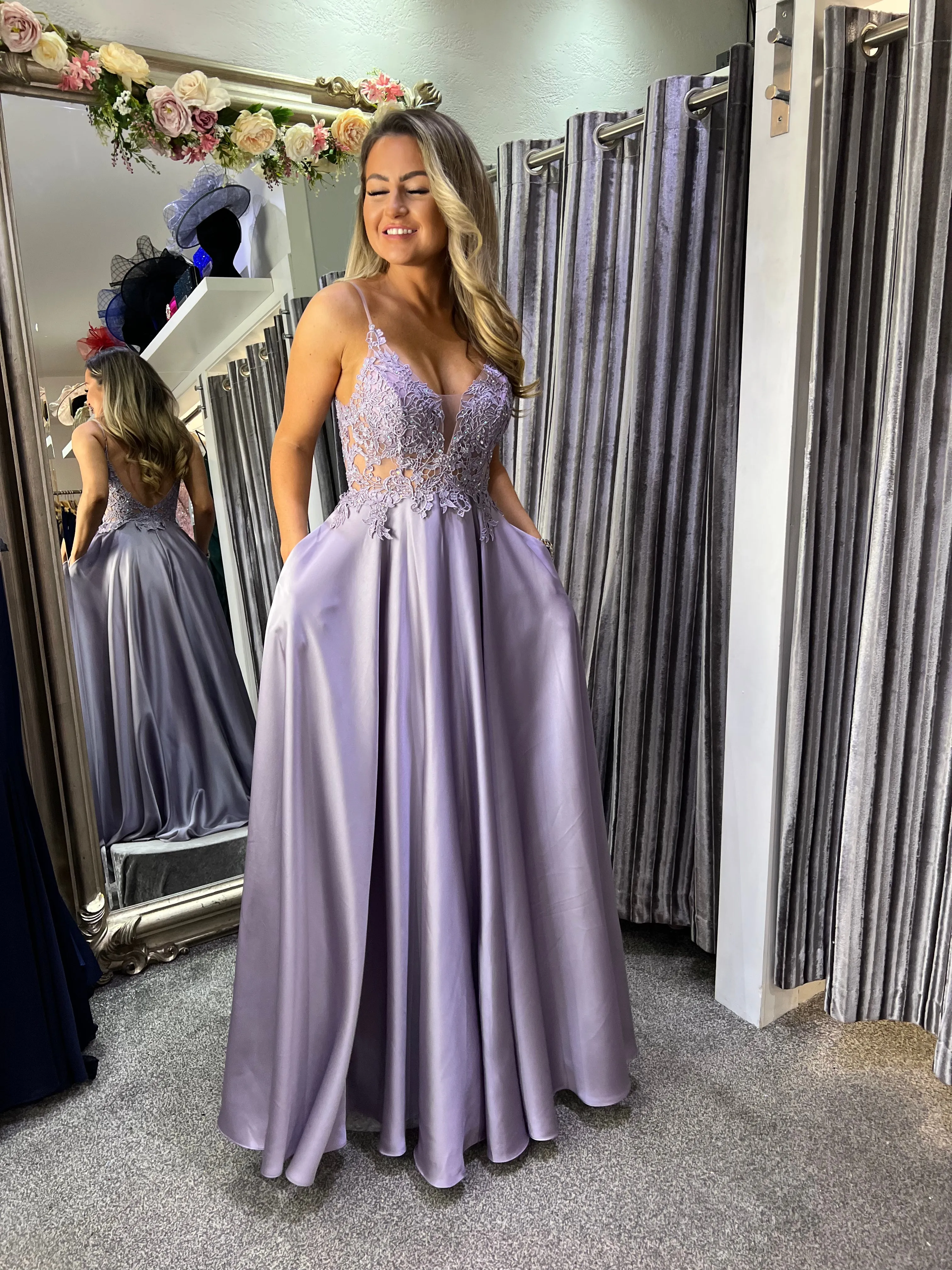 Darla embellished satin a line ballgown prom dress in lavender